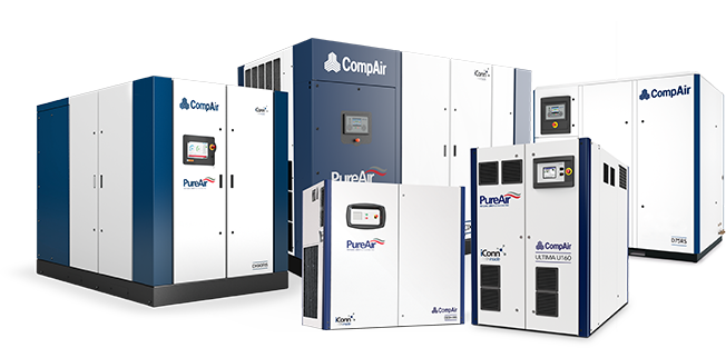 Mehrere CompAir PureAir ölfreie Druckluftkompressoren in unterschiedlichen Größen.