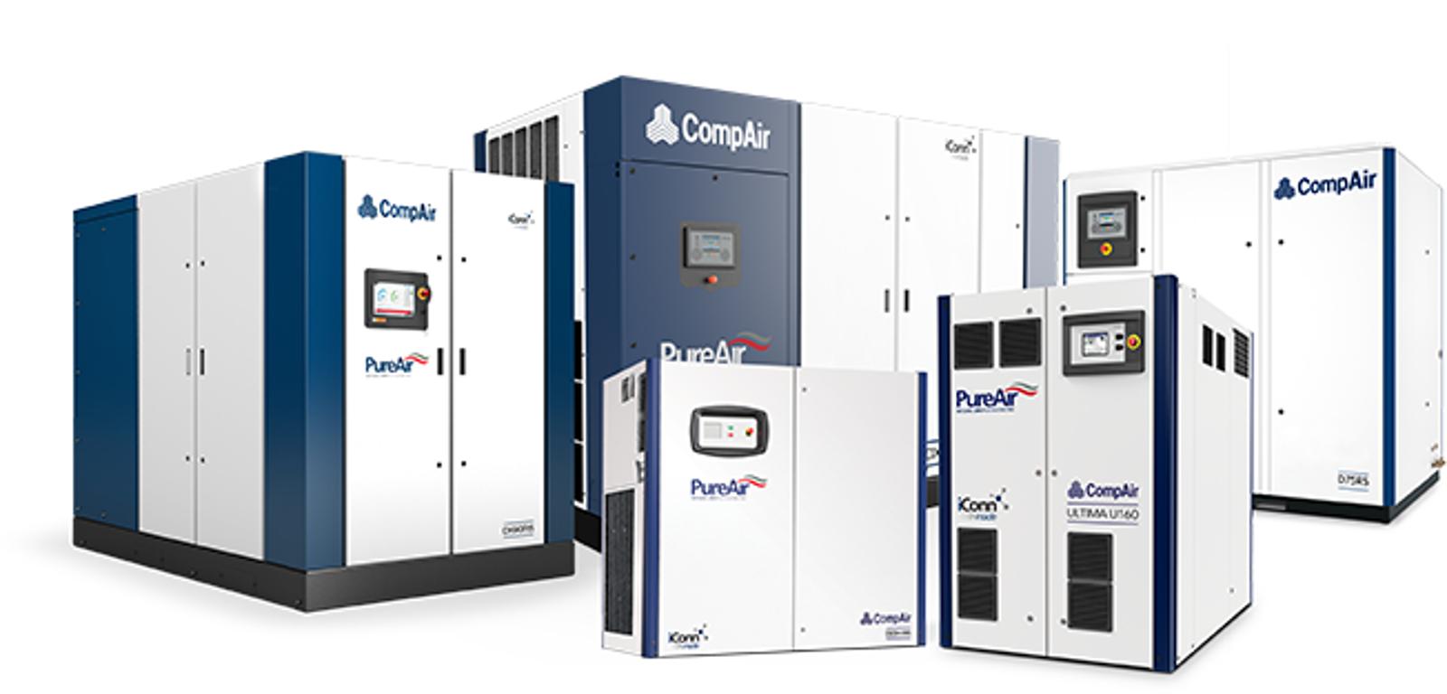 Mehrere CompAir PureAir ölfreie Druckluftkompressoren in unterschiedlichen Größen.