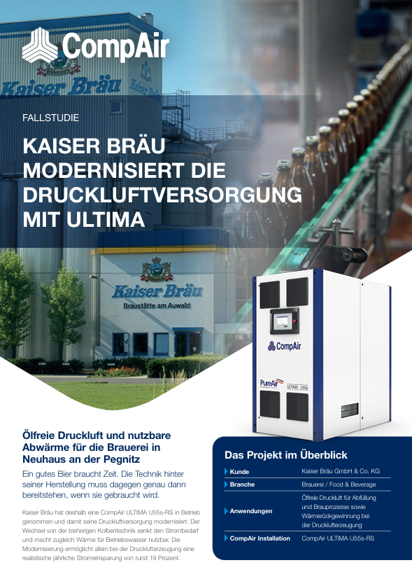 Kaiser Bräu Fallstudie über den ölfreien CompAir Ultima U55s-RS Kompressor und die Brauereiproduktion.