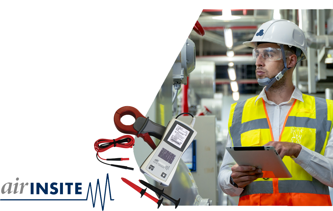 Industrial technician using a handheld air audit device and tablet in a factory