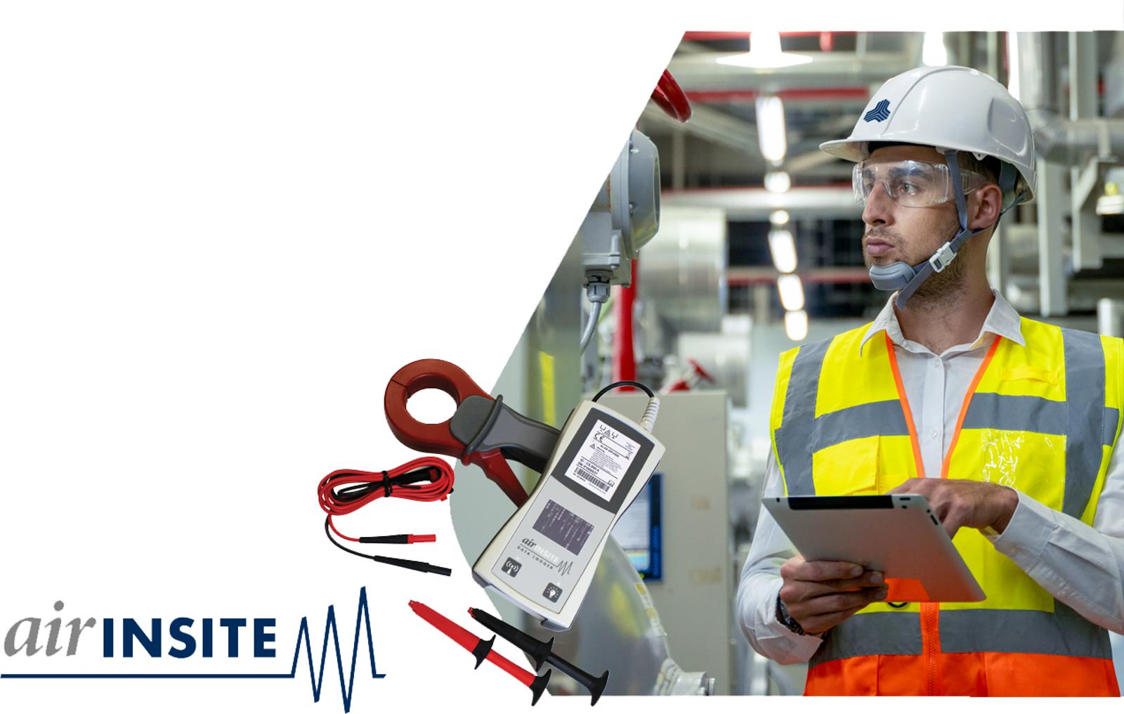Industrial technician using a handheld air audit device and tablet in a factory