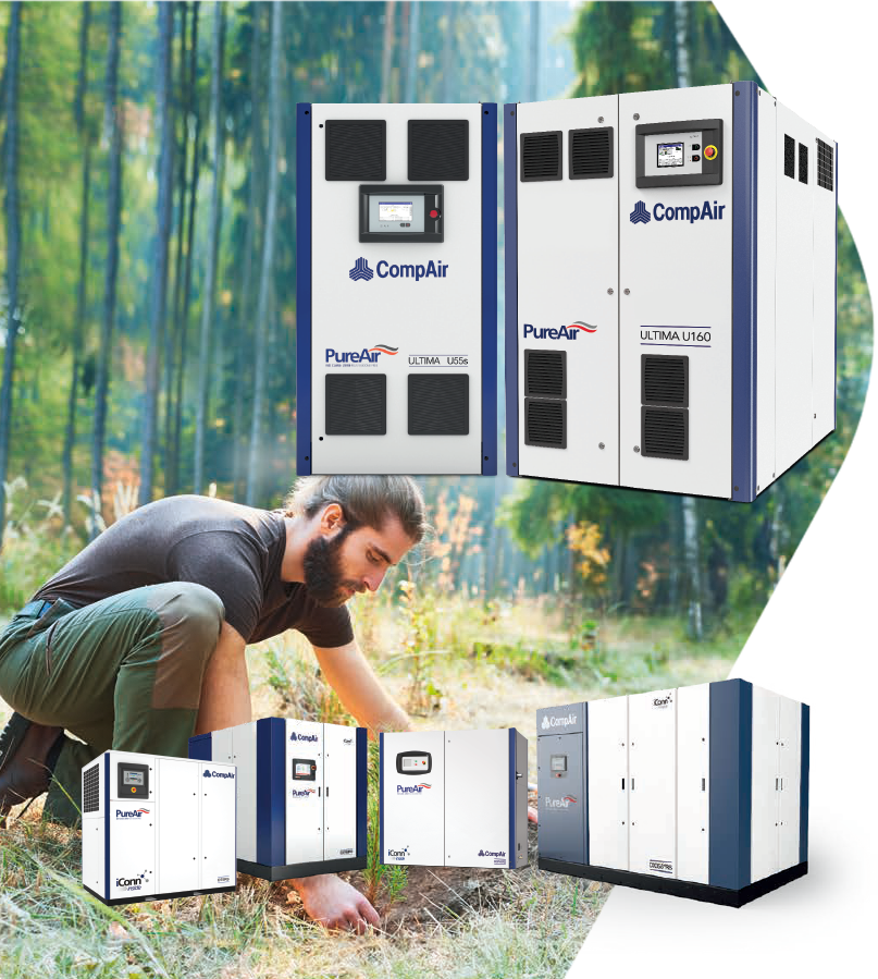 Compresseurs oil‑free CompAir associés à la plantation d’arbres pour représenter la durabilité