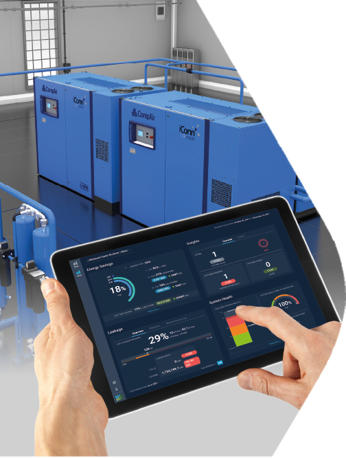 Industrial air compressors with digital monitoring on tablet