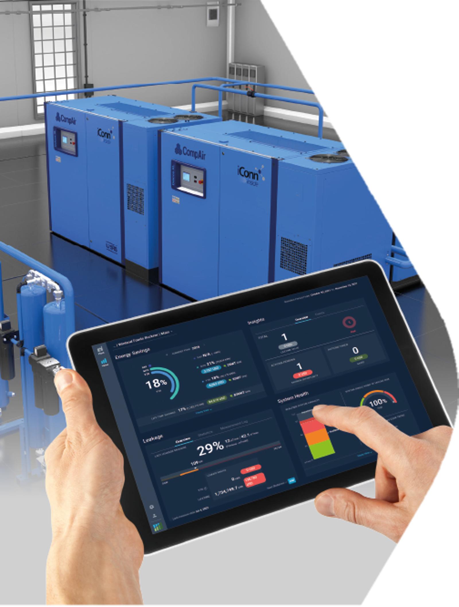 Industrial air compressors with digital monitoring on tablet