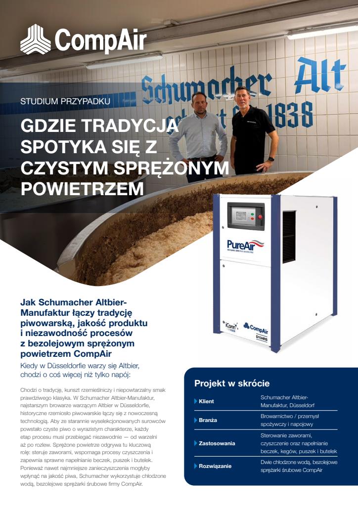 Studium przypadku browaru Schumacher Altbier-Manufaktur wykorzystującego bezolejowe sprężone powietrze CompAir do ochrony jakości piwa.
