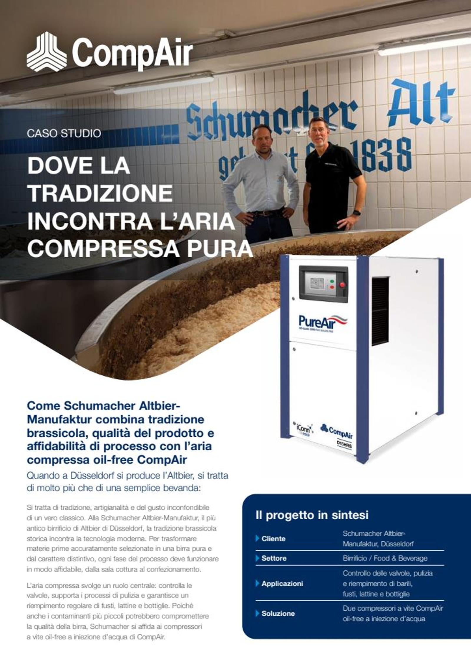 Caso studio del birrificio Schumacher Altbier-Manufaktur che utilizza aria compressa oil-free CompAir per garantire qualità e affidabilità.