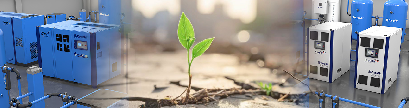 Compresseurs d’air industriels avec une plante en croissance symbolisant la durabilité