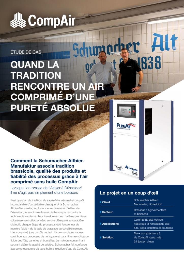 Étude de cas de la brasserie Schumacher Altbier-Manufaktur utilisant l’air comprimé sans huile CompAir pour préserver la qualité de la bière.