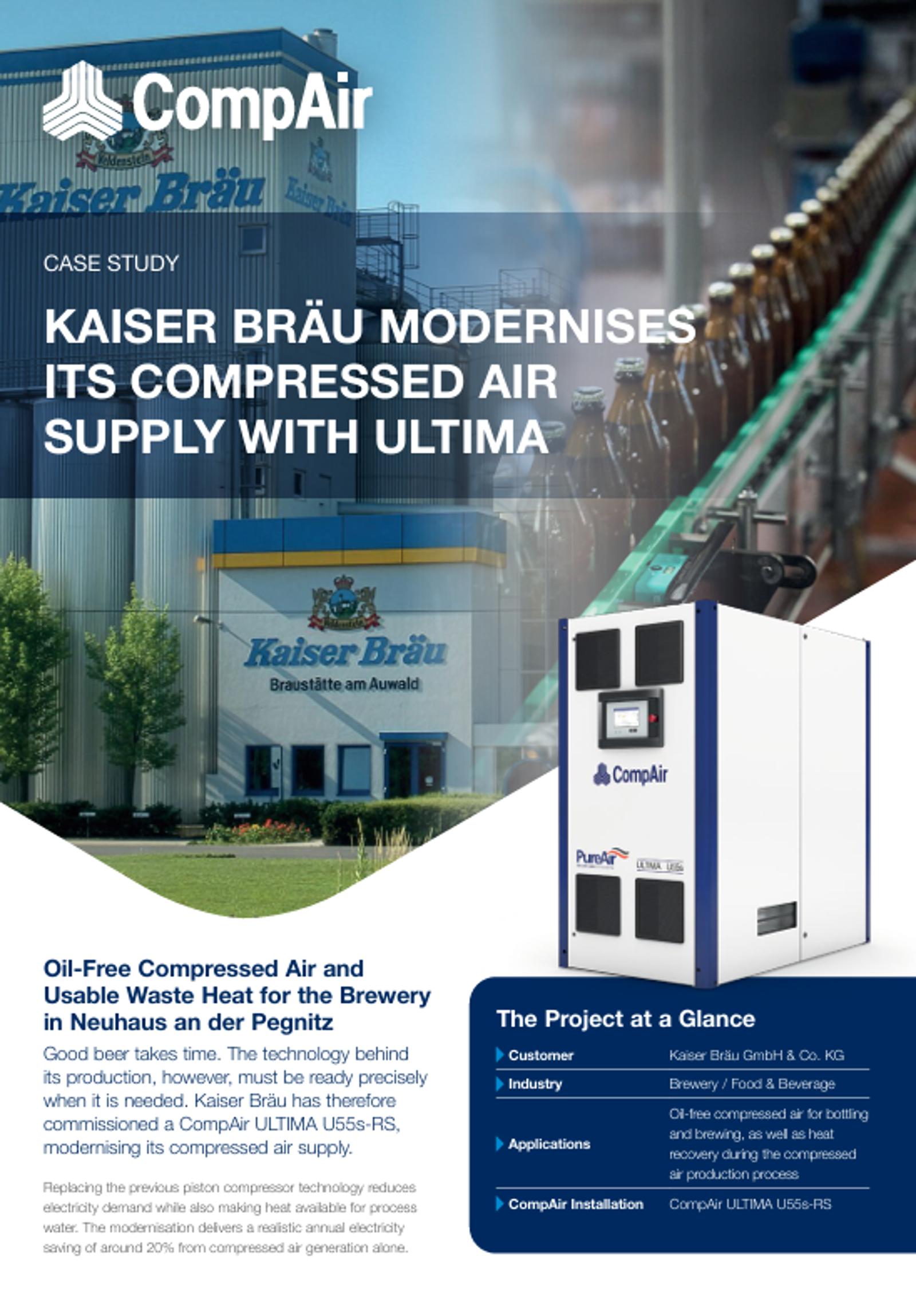 Kaiser Bräu brewery case study featuring the CompAir Ultima U55s-RS oil-free compressor and brewery production facility.