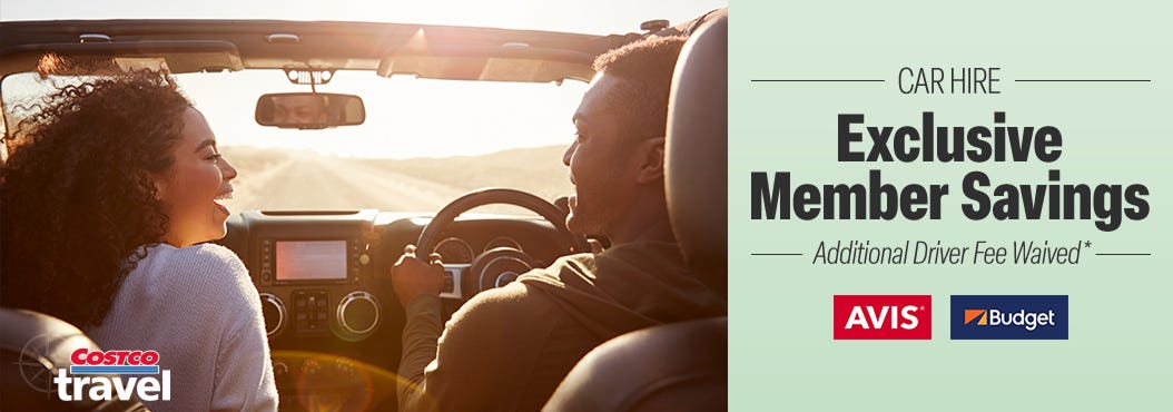 Car Hire. Exclusive member savings. Additional driver fee waived. Avis Budget Costco Travel