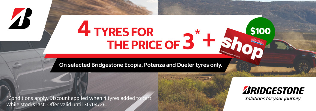 4 tyres for the price of 3 on selected Bridgestone tyres + Shop Card
