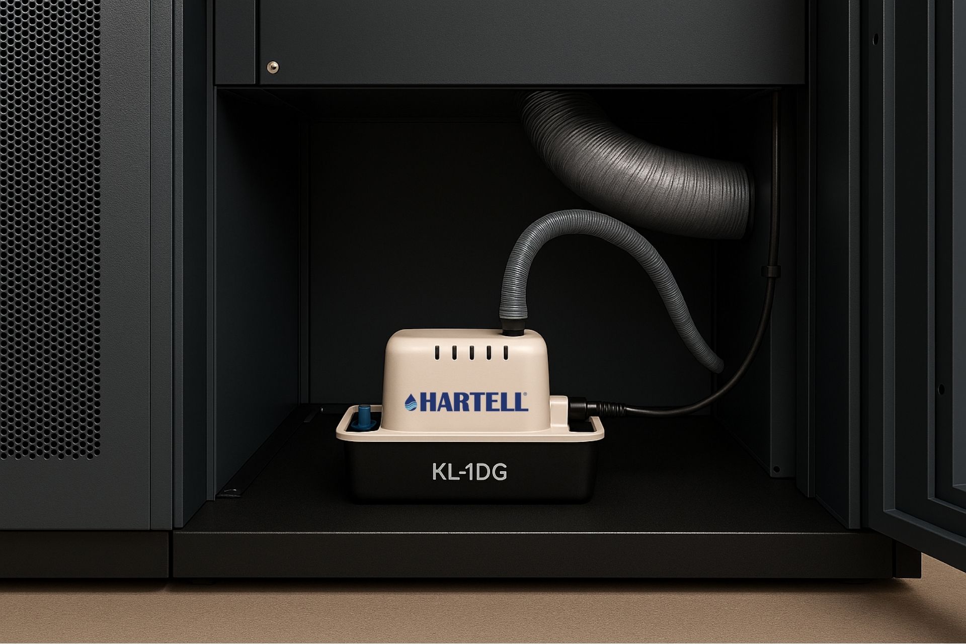 KL-1DG low profile condensate pump installed in a plenum rated CRAC cabinet