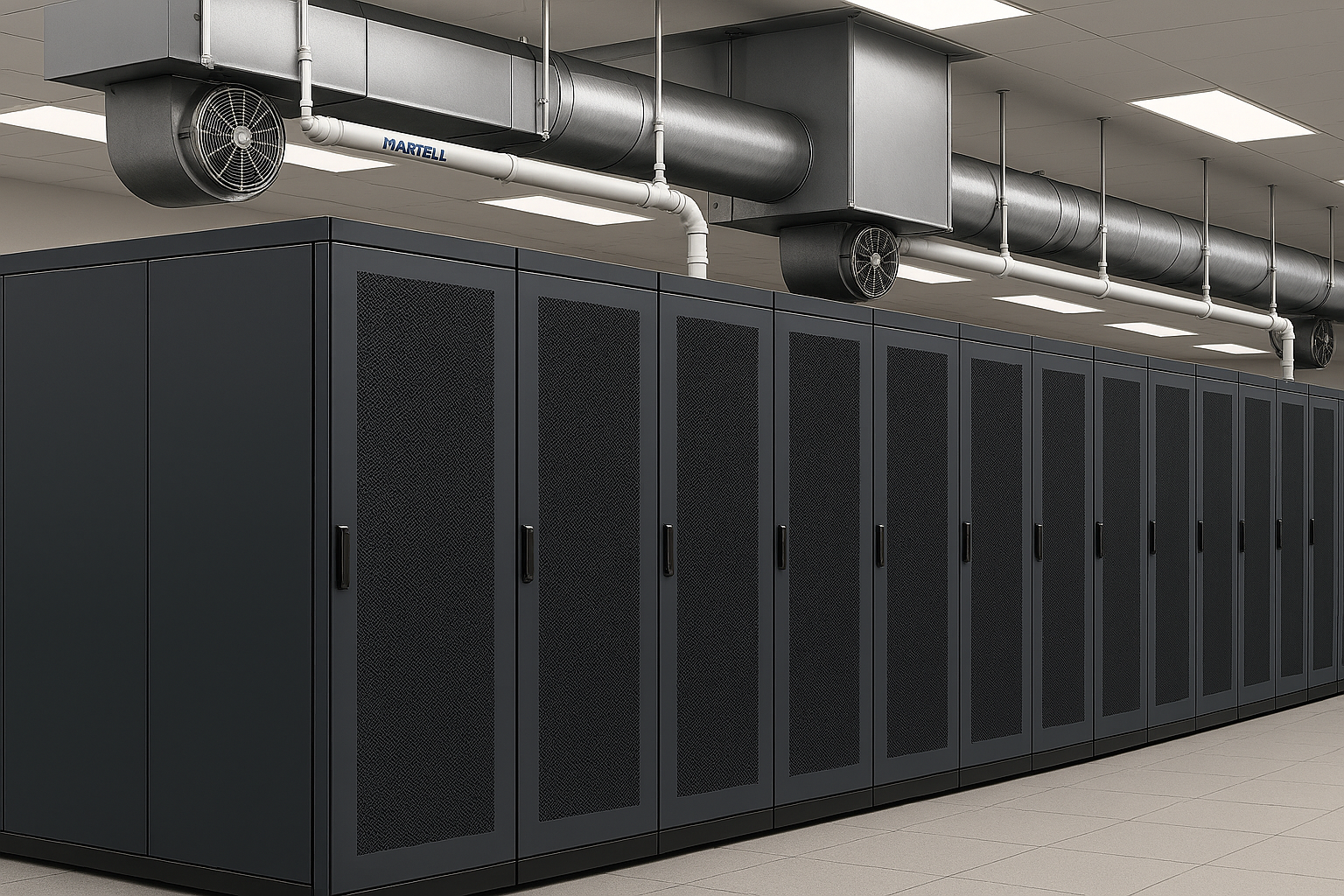 Row of high density data center racks with overhead cooling and condensate piping