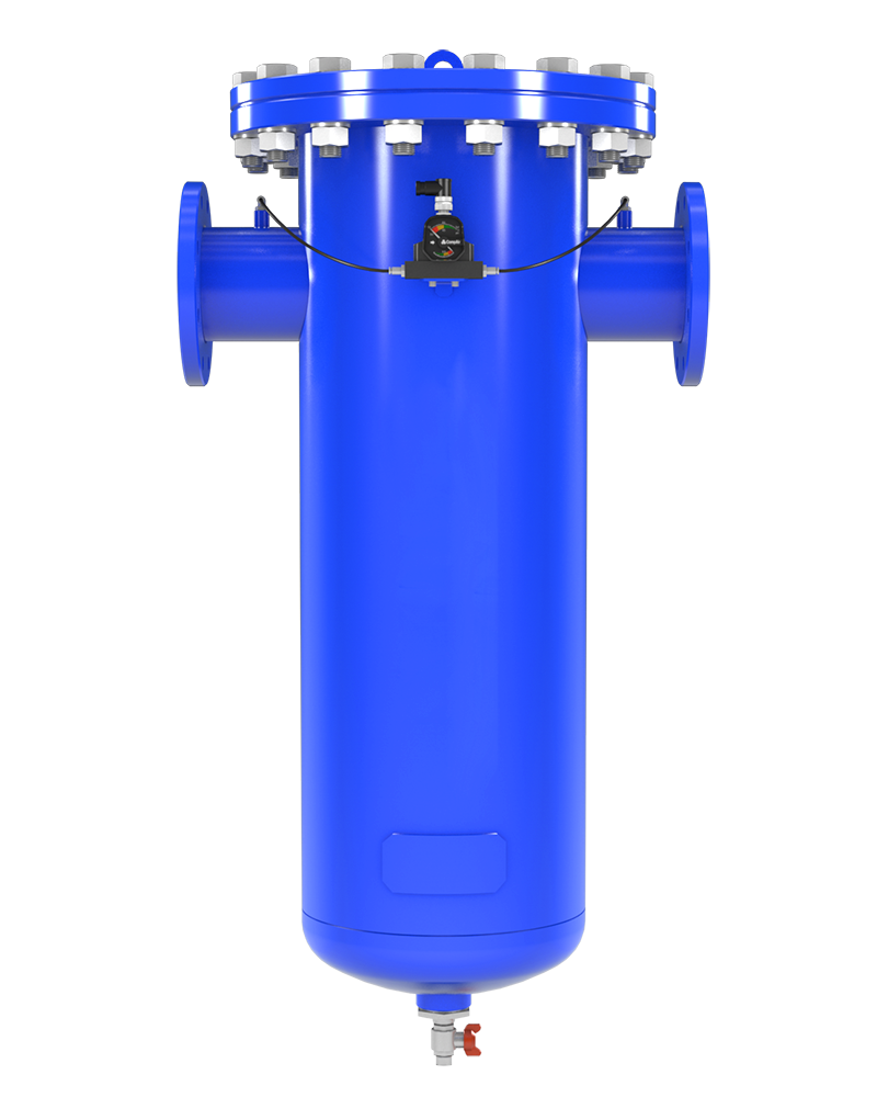Alloggiamento filtro industriale serie F con PDT per monitoraggio della pressione differenziale e scarico condensa