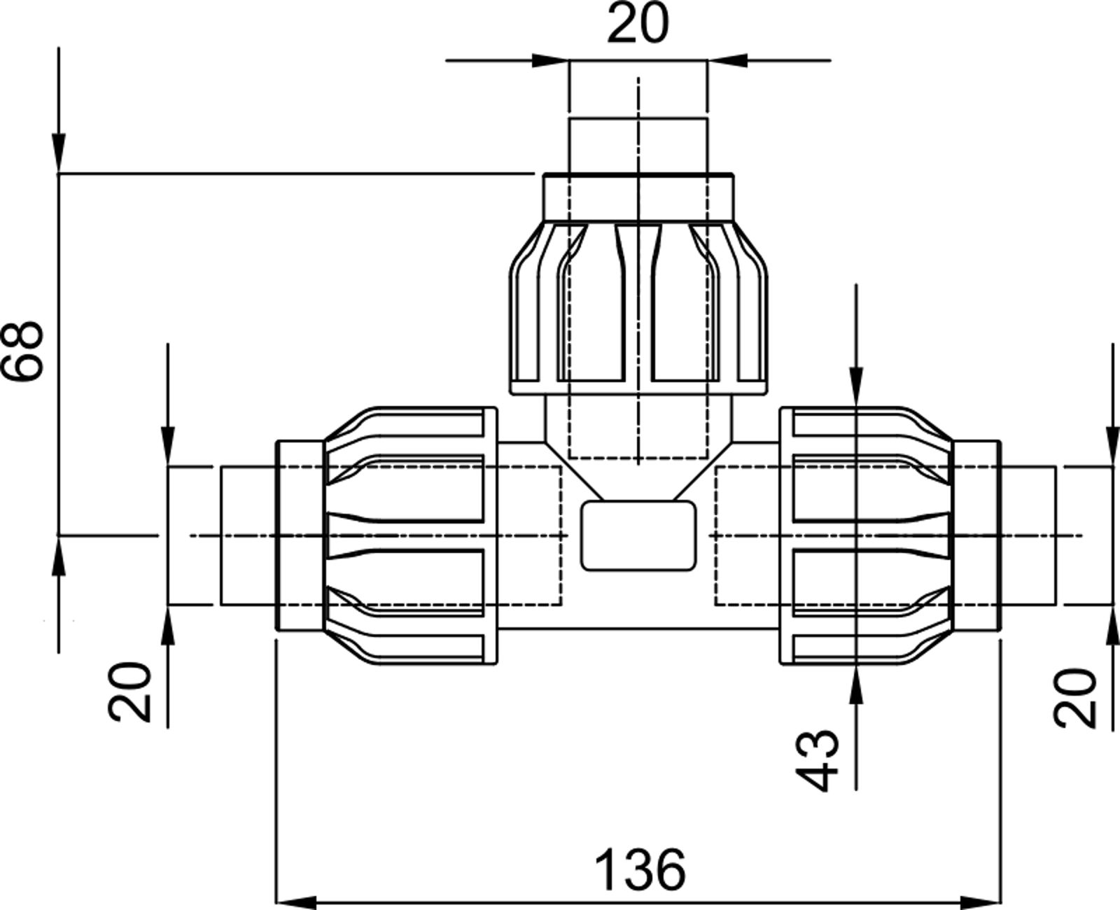 Compressed air tubes fittings and valves tee technical drawing 1| piping system | OMI