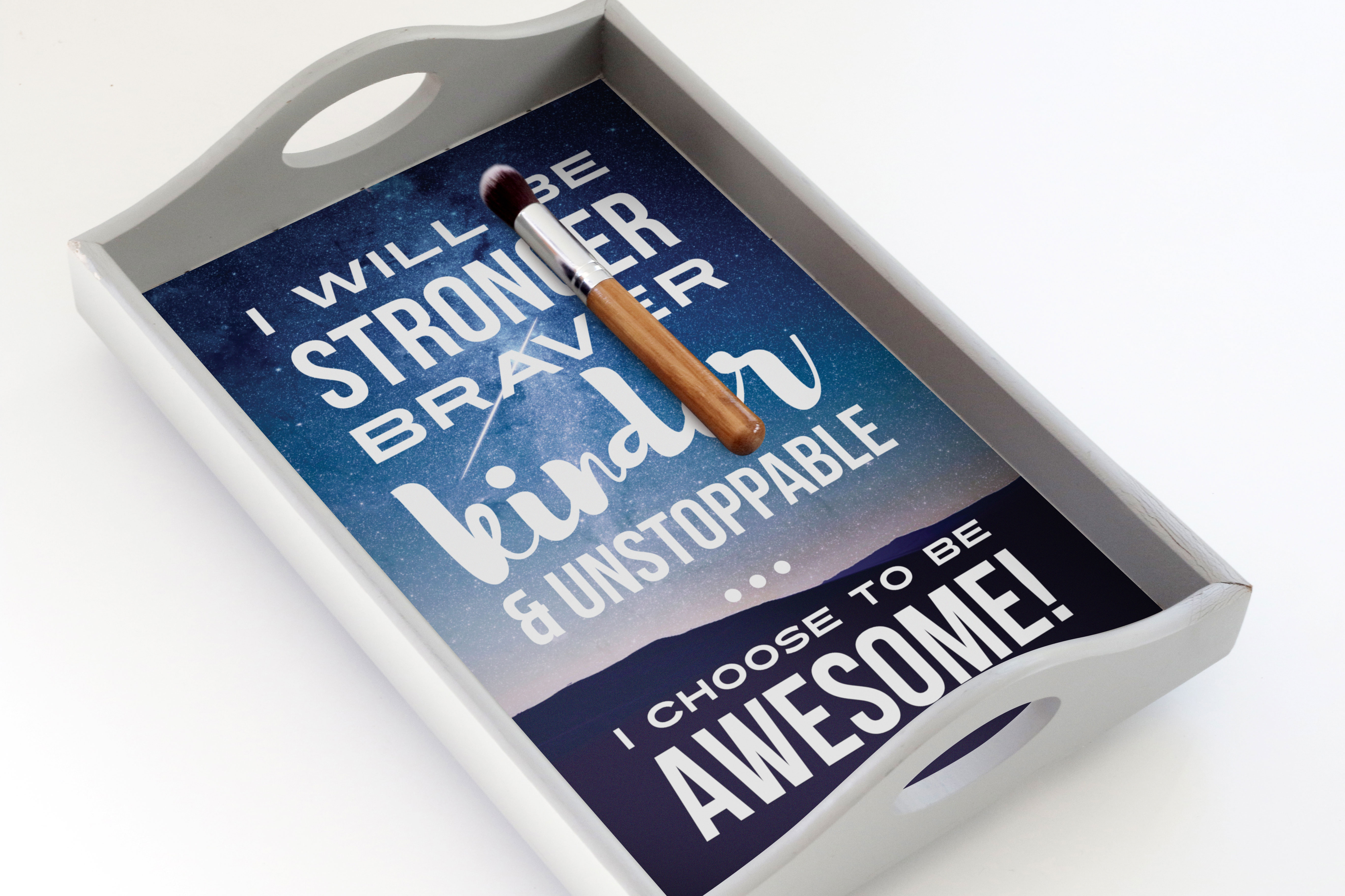 Tray with custom quote sticker