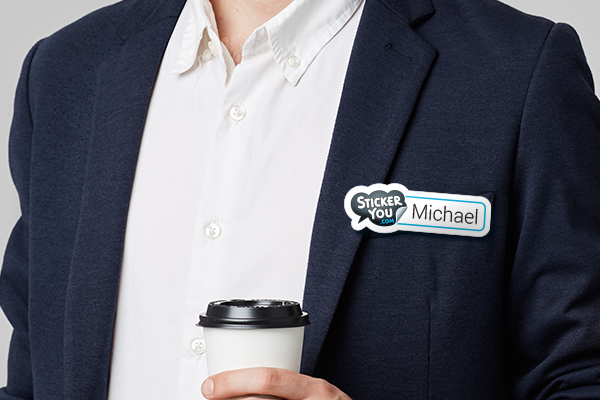 Company ambassador wearing a custom name badge
