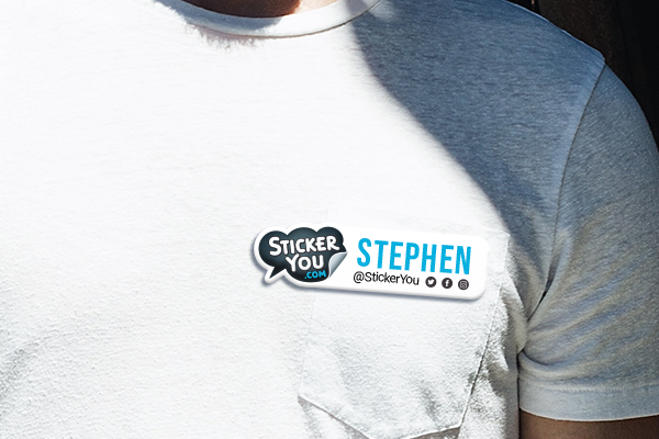 Custom name badge featuring a name and social media handle