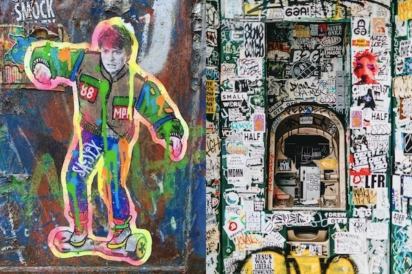Examples of graffiti sticker art on walls