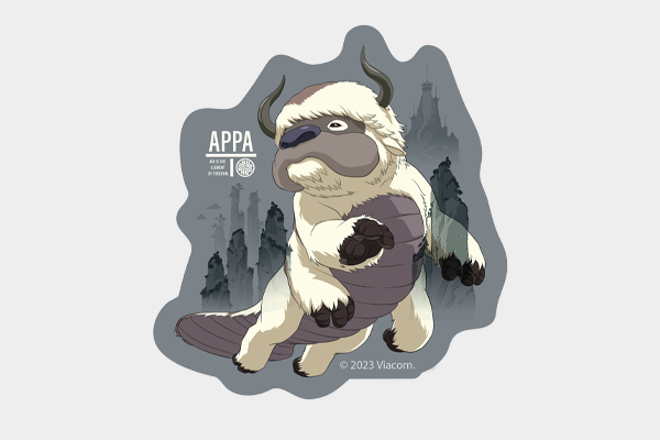 Appa taking flight in the sky with the air temples behind him.