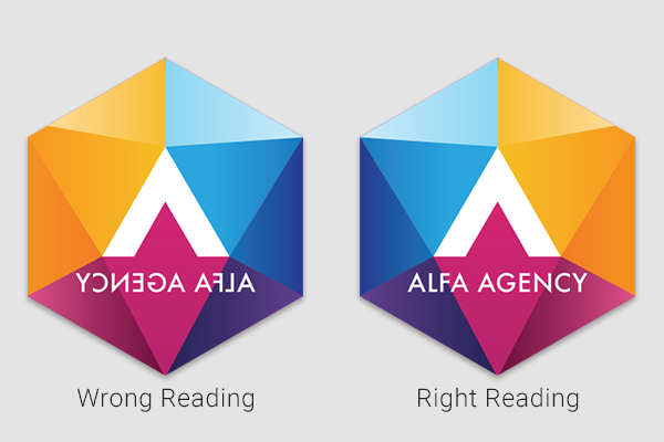 Business logo showcasing right-reading vs. wrong-reading