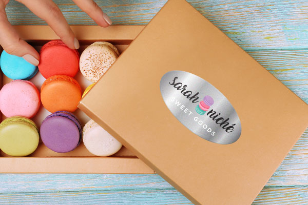 Foil label on a macaroon box