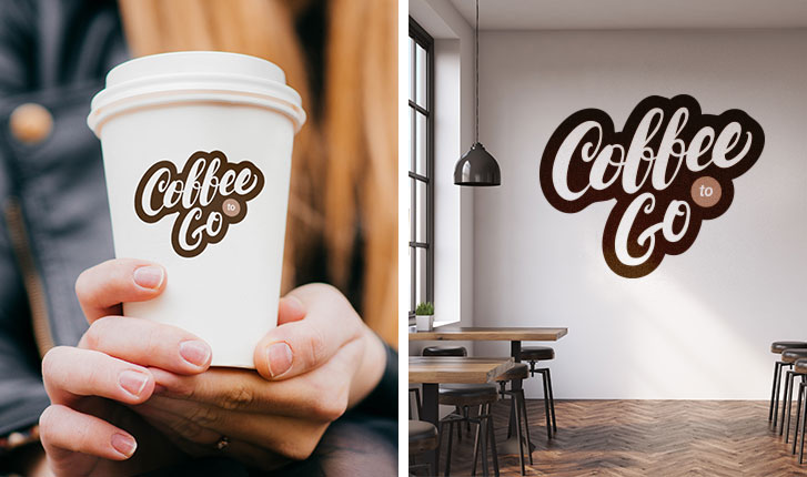 Coffee shop logo sticker on a coffee cup and a coffee shop logo decal on a cafe wall