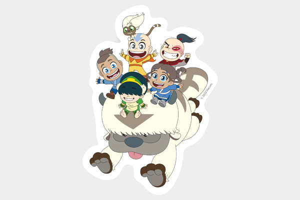 Aang, Momo, Zuko, Sokka, Katara, and Toph Beifong, joyfully riding Aangâs loyal sky bison, Appa.