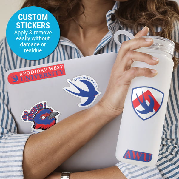 Promote your business or school on water bottles, notebooks, and laptops