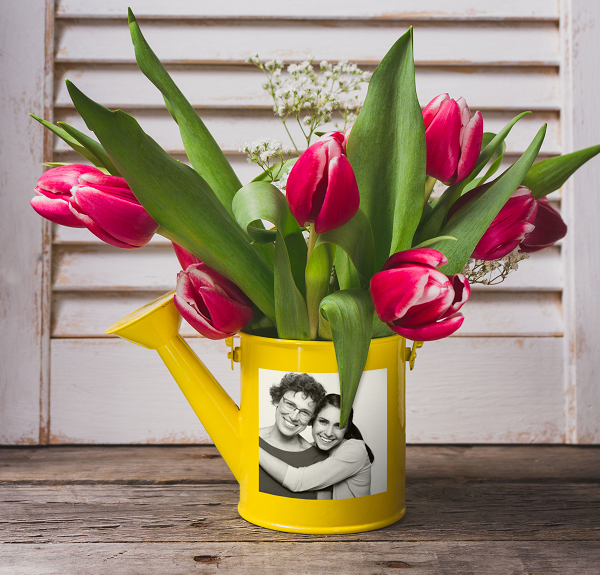 Watering can with custom photo sticker