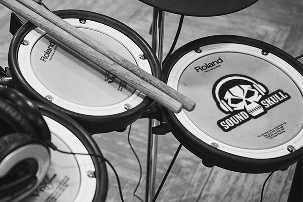 Custom die-cut sticker on a drum set