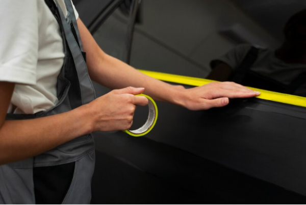 Individual Applies Masking Tape on the Car Where the Sticker Will Be Positioned