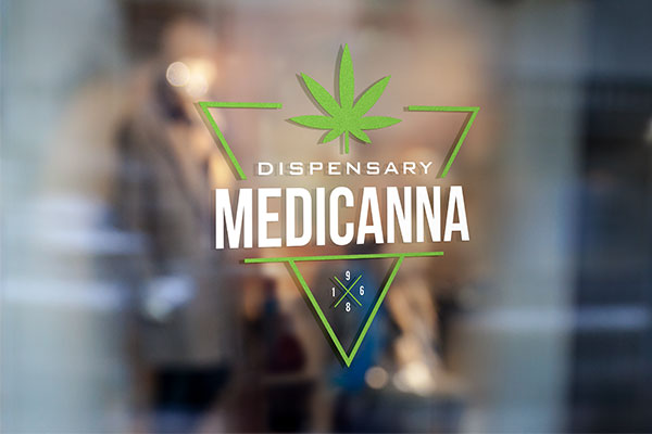 Dispensary logo vinyl graphic on a store window