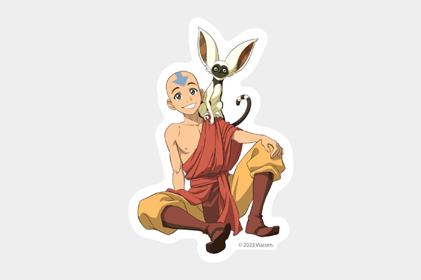 This sticker features a smiling, laid-back Aang with his loyal companion, a winged lemur named Momo, sitting on his shoulder.