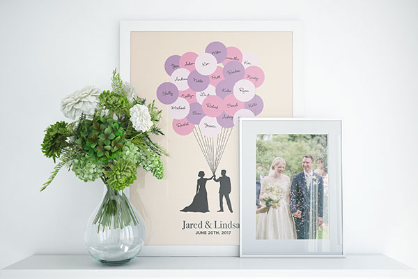 A Custom Writable Roll Label where the guests have signed custom stickers and have placed them on a picture.