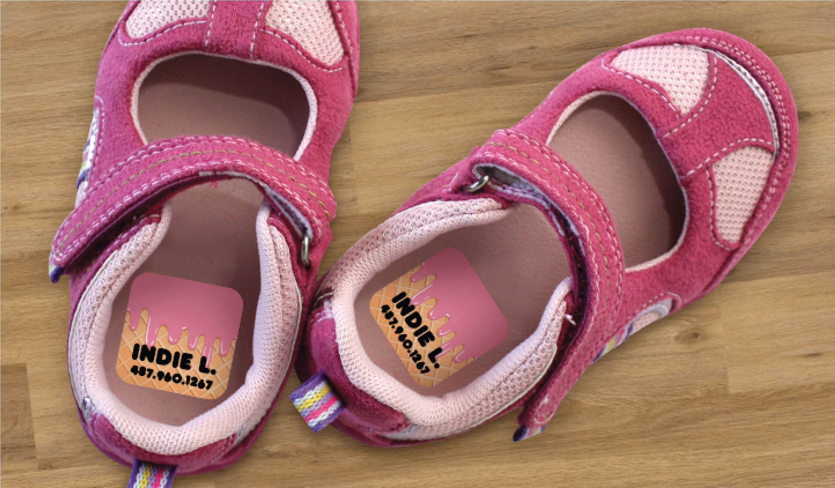 Shoe label with kid's name and phone number