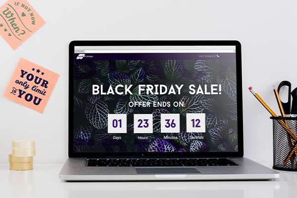 Black Friday countdown flash sale on a laptop screen