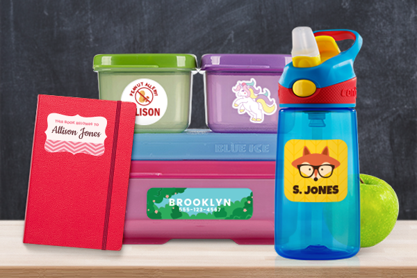 Kids labels on various school products