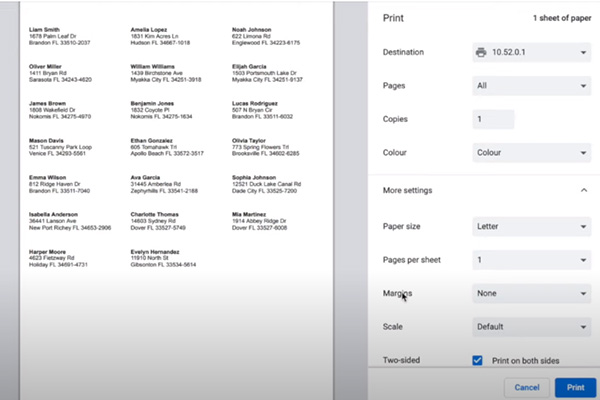 Example of prepared labels with google sheets ready for printing.