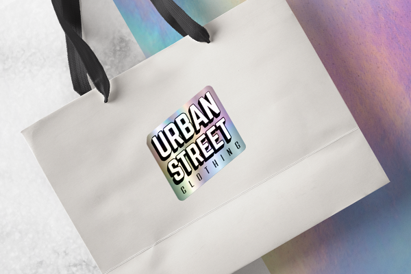 Iridescent sticker on shopping bag