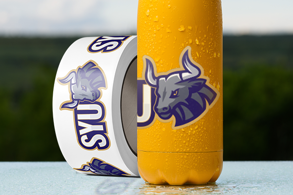 School branded roll labels and water bottle