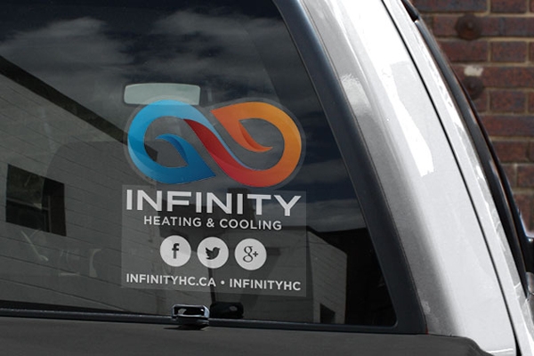 Car sticker decal with social media icons and brand logo placed on a car windshield