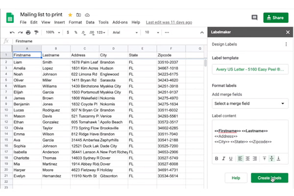 Example of putting details into Google Sheets for personalized addresses for labels.