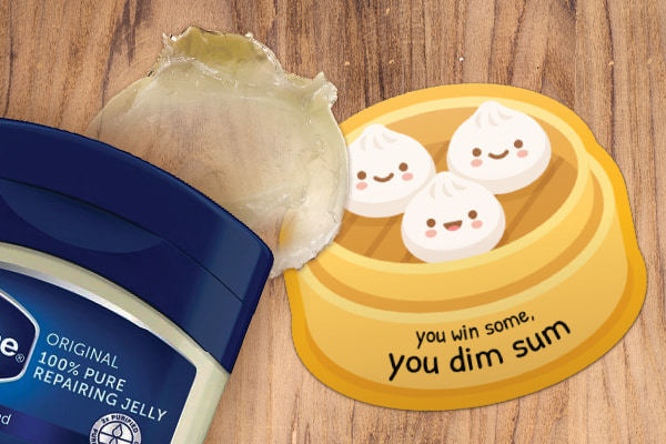 a sticker beside a petroleum jelly vase