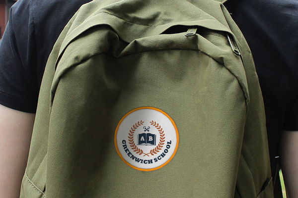 School logo patch applied to a backpack