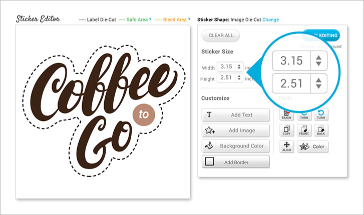 StickerYou editor featuring custom size tool