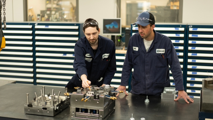 A picture of a multi-slide die cast tool.