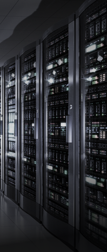 Dark room of hardware cabinets with enterprise technology