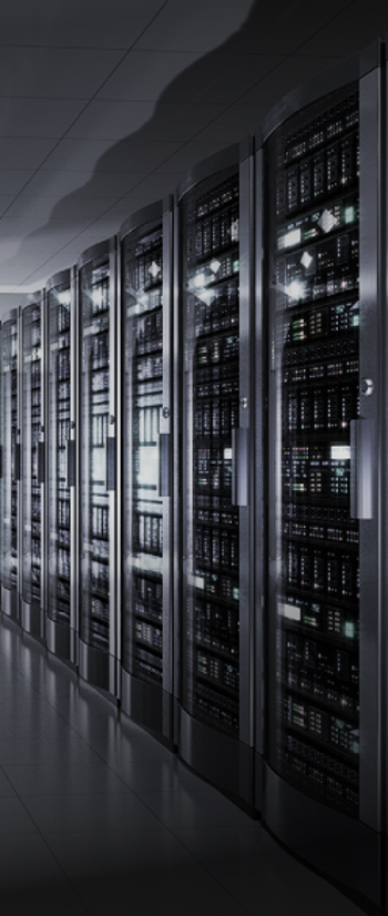 Dark room of hardware cabinets with enterprise technology