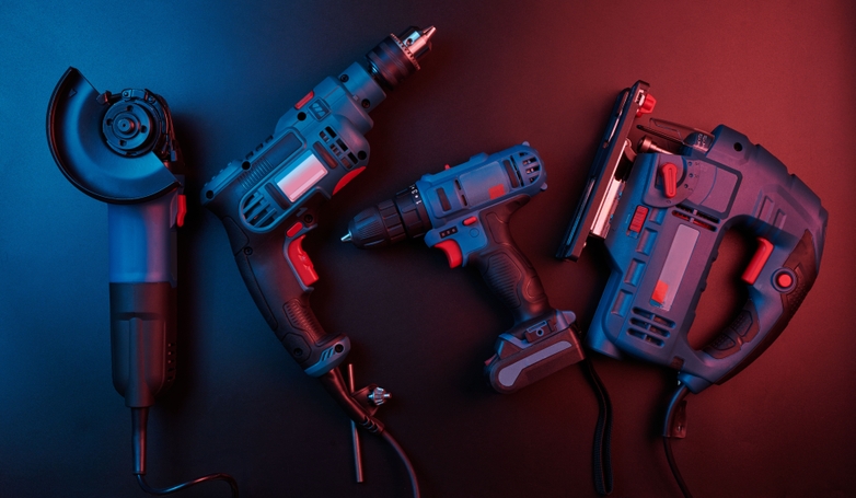 Assorted power tools from the same brand